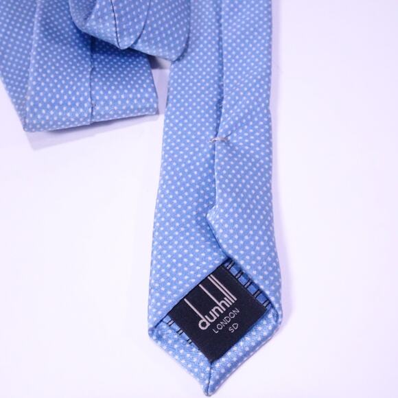 DUNHILL Men's Blue White Gold Signature Logo Polka Dot Silk Neck Tie Retail 390 - Picture 4 of 9